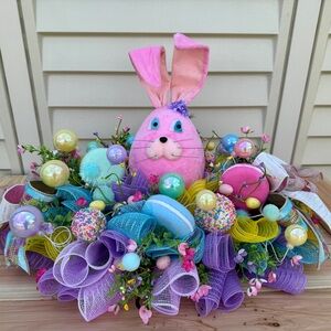 Whimsical Easter Bunny Centerpiece Handmade Spring Table Decor with Mesh Ribbons